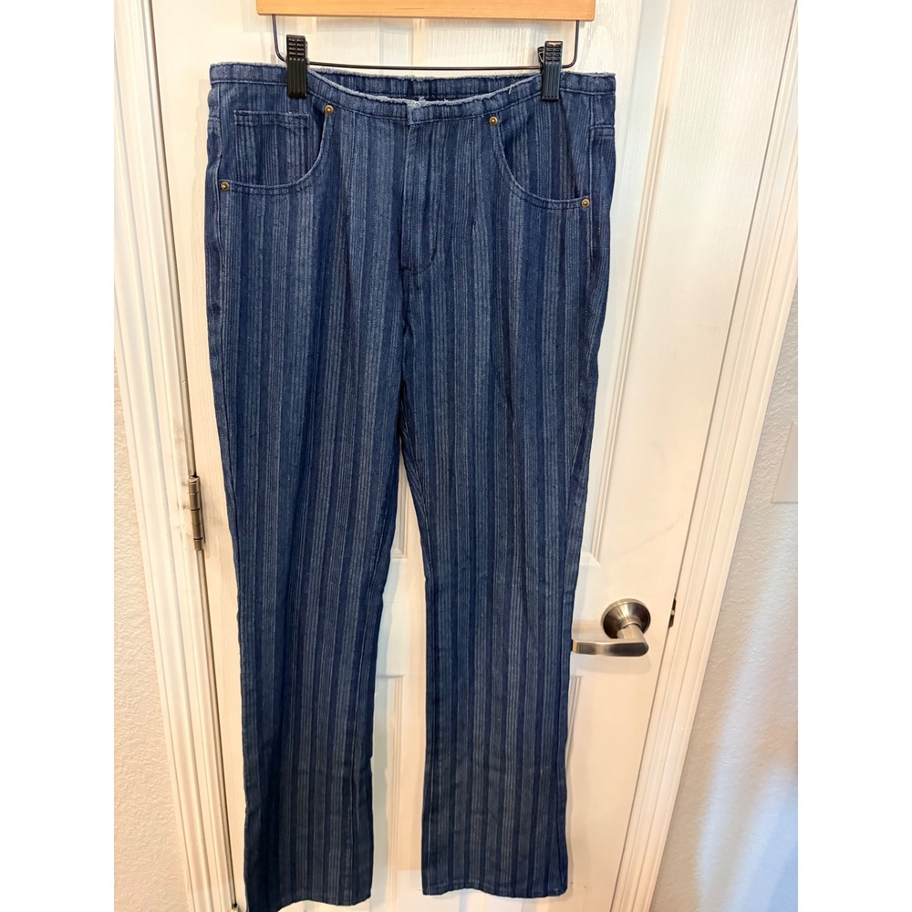 Lioness Straight Leg Pants Blue Pinstripe Frayed Waist Denim Trousers Small